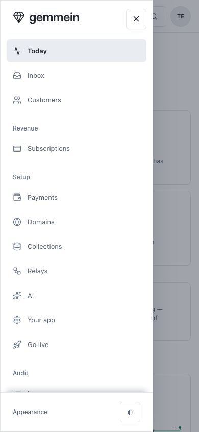 The sidebar open as a panel over the console on a phone screen, with a close button top right and appearance at the bottom.