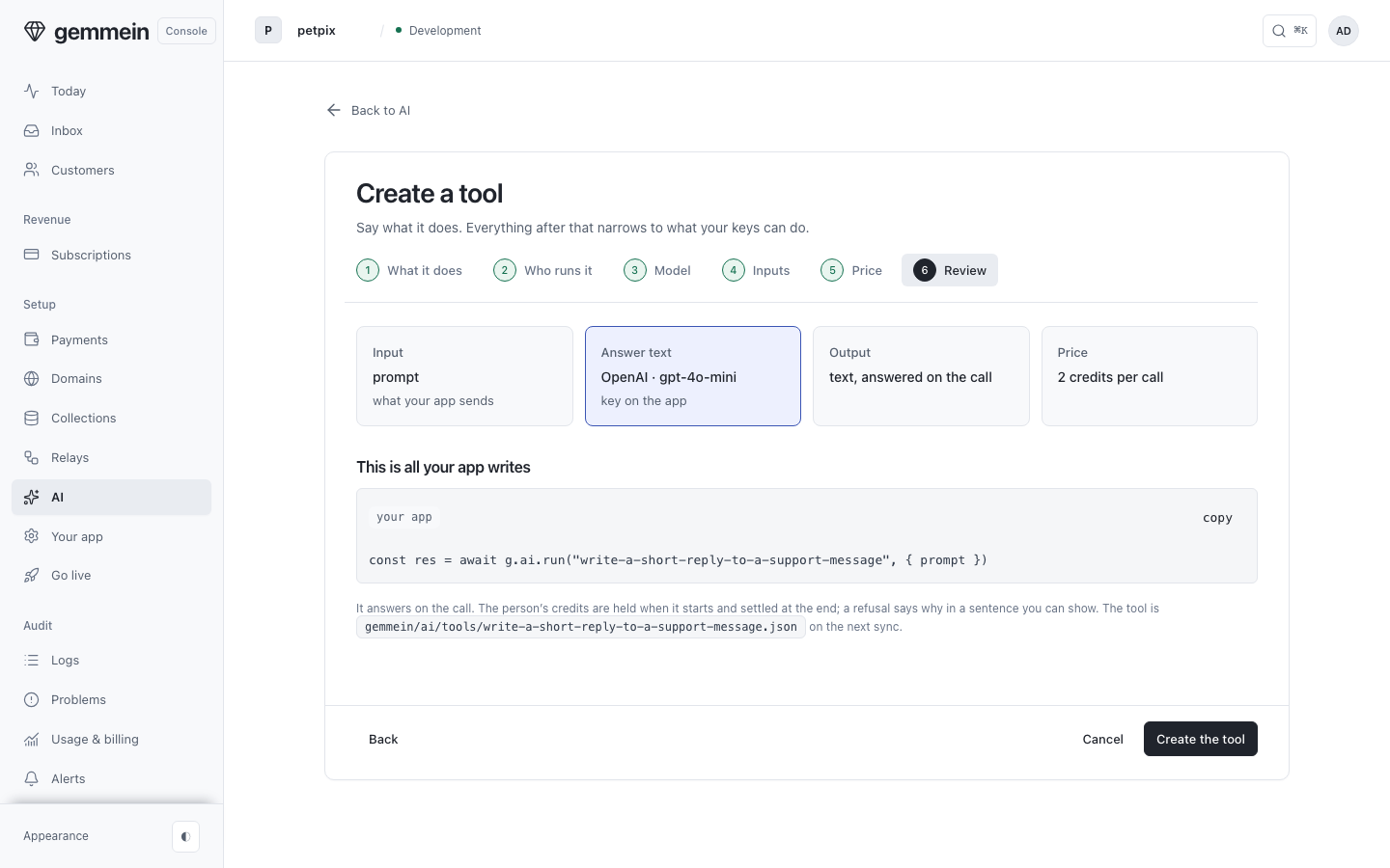 The last question is a review: what your app sends, what it answers, and the exact line your app writes. Create saves it to the same place the form does.