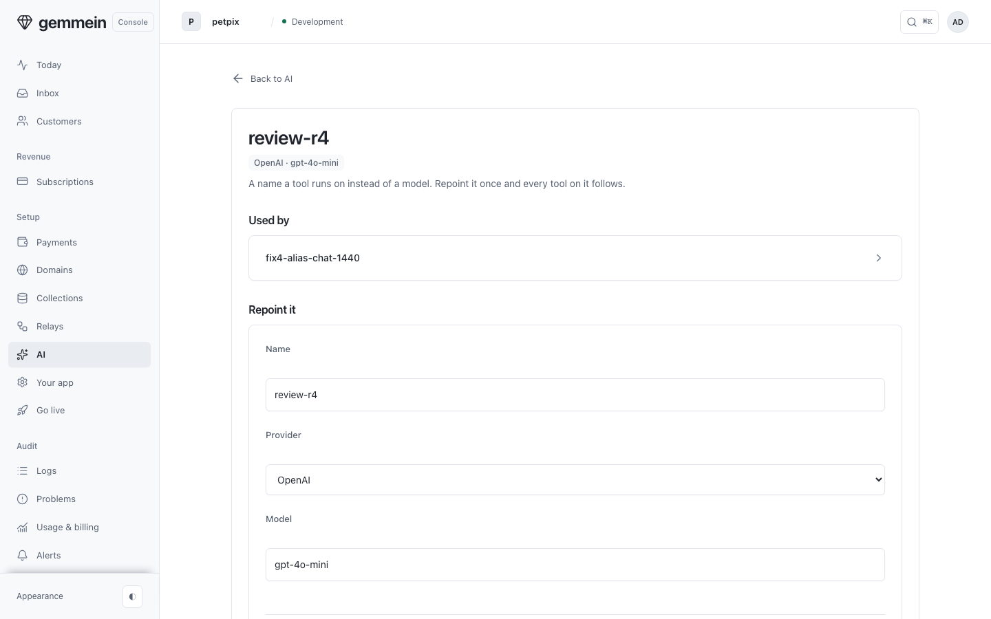 Open an alias for Repoint it: move every tool that uses it to another model, in one change.
