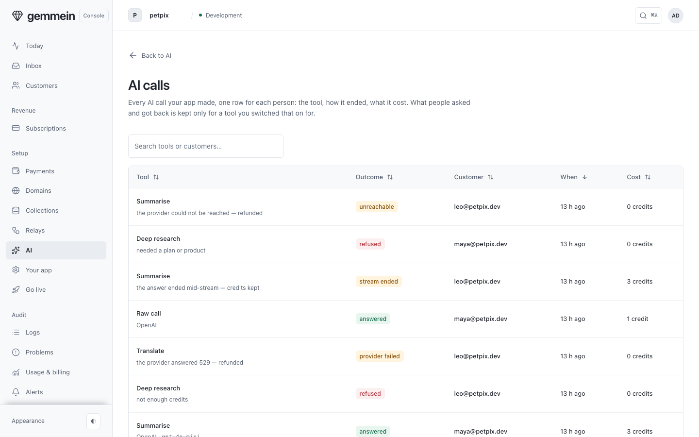 Open AI calls to see every call your app made — by tool, with what each tool answered, refused and cost.