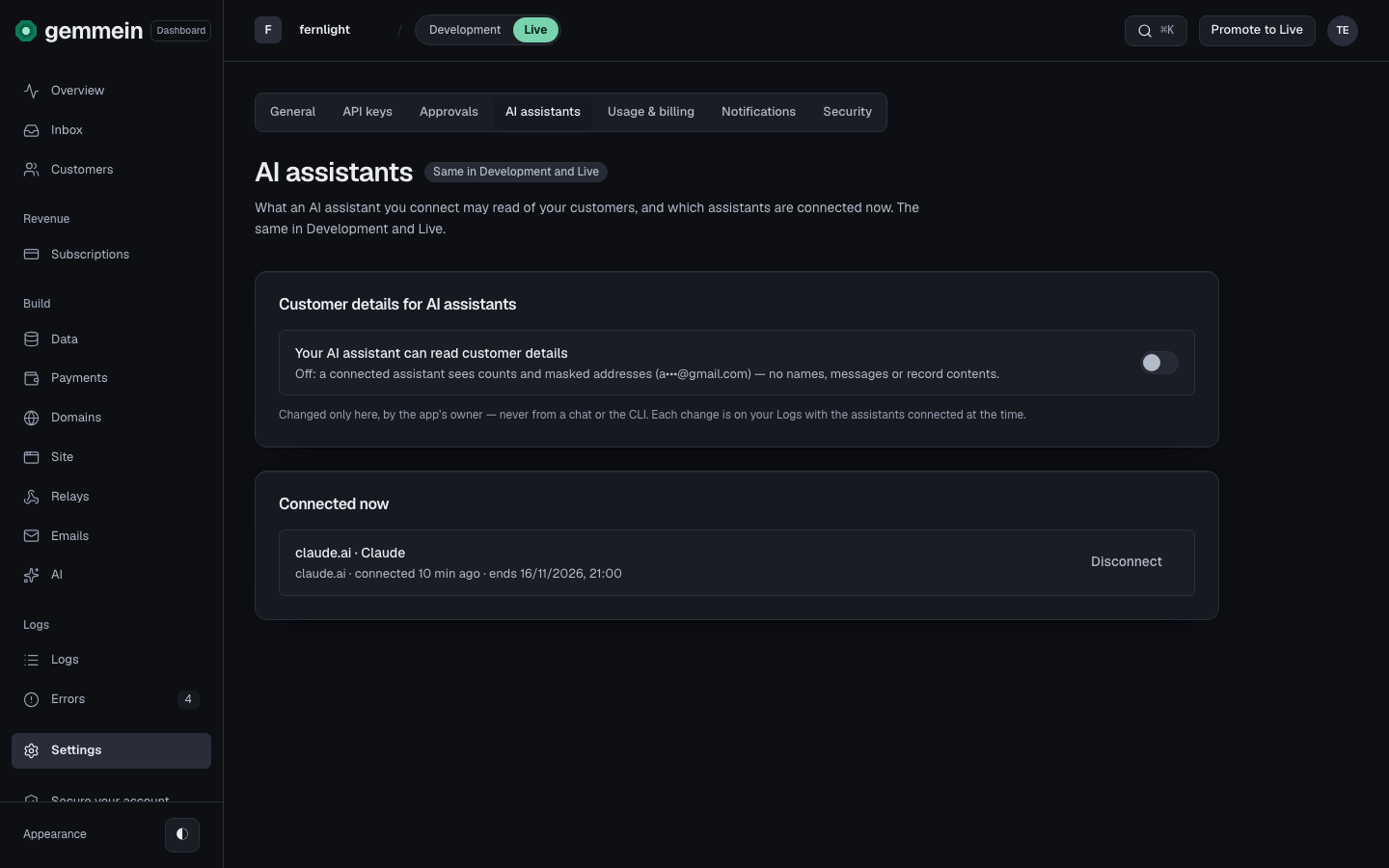 Open Settings, then AI assistants. Customer details for AI assistants is off, and Connected now lists each assistant connected to your app.