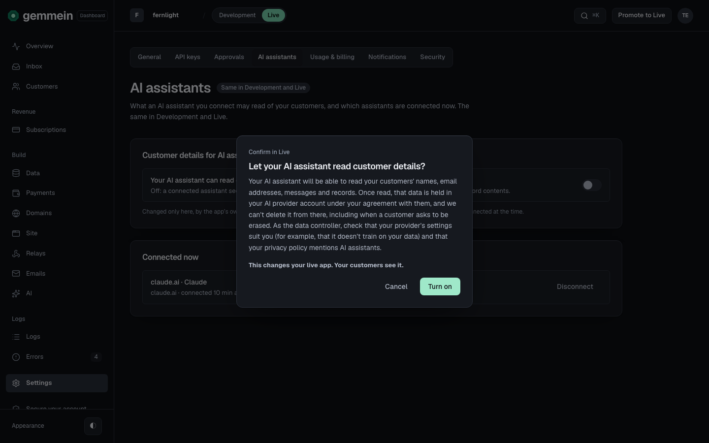 Turn it on to let a connected assistant read your customers' names, email addresses, messages and records. Read what that means, then choose Turn on, or Cancel to keep it off.