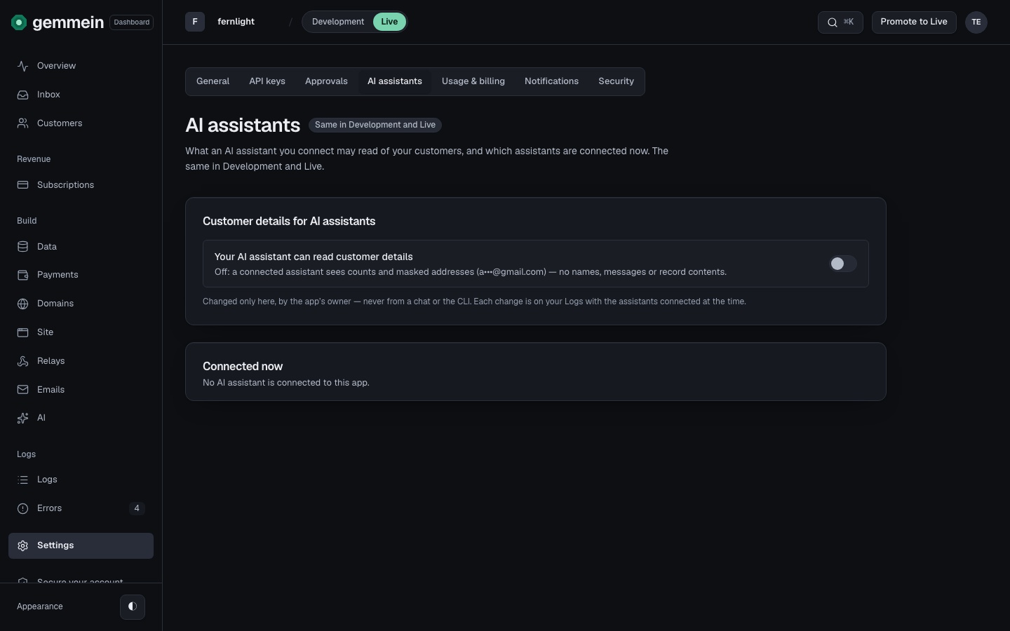 Choose Disconnect beside an assistant to end its connection. It stops at its next request, and it connects again only when you approve it again.