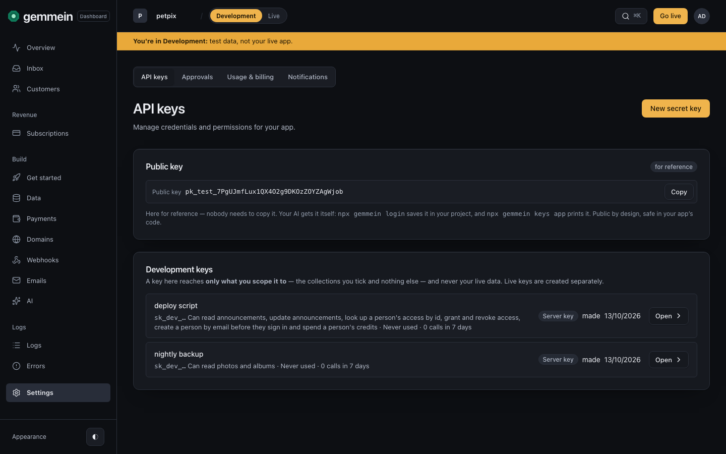 Open Settings, then API keys, to see the keys your servers use, and what each one may reach.