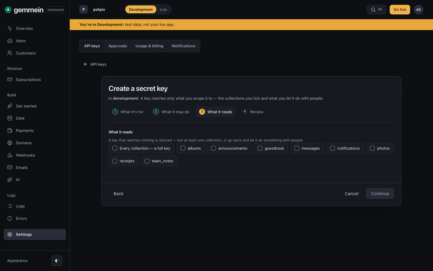 Continue is disabled until you pick at least one collection or turn on something it may do with people, so a key that reaches nothing can't be created.