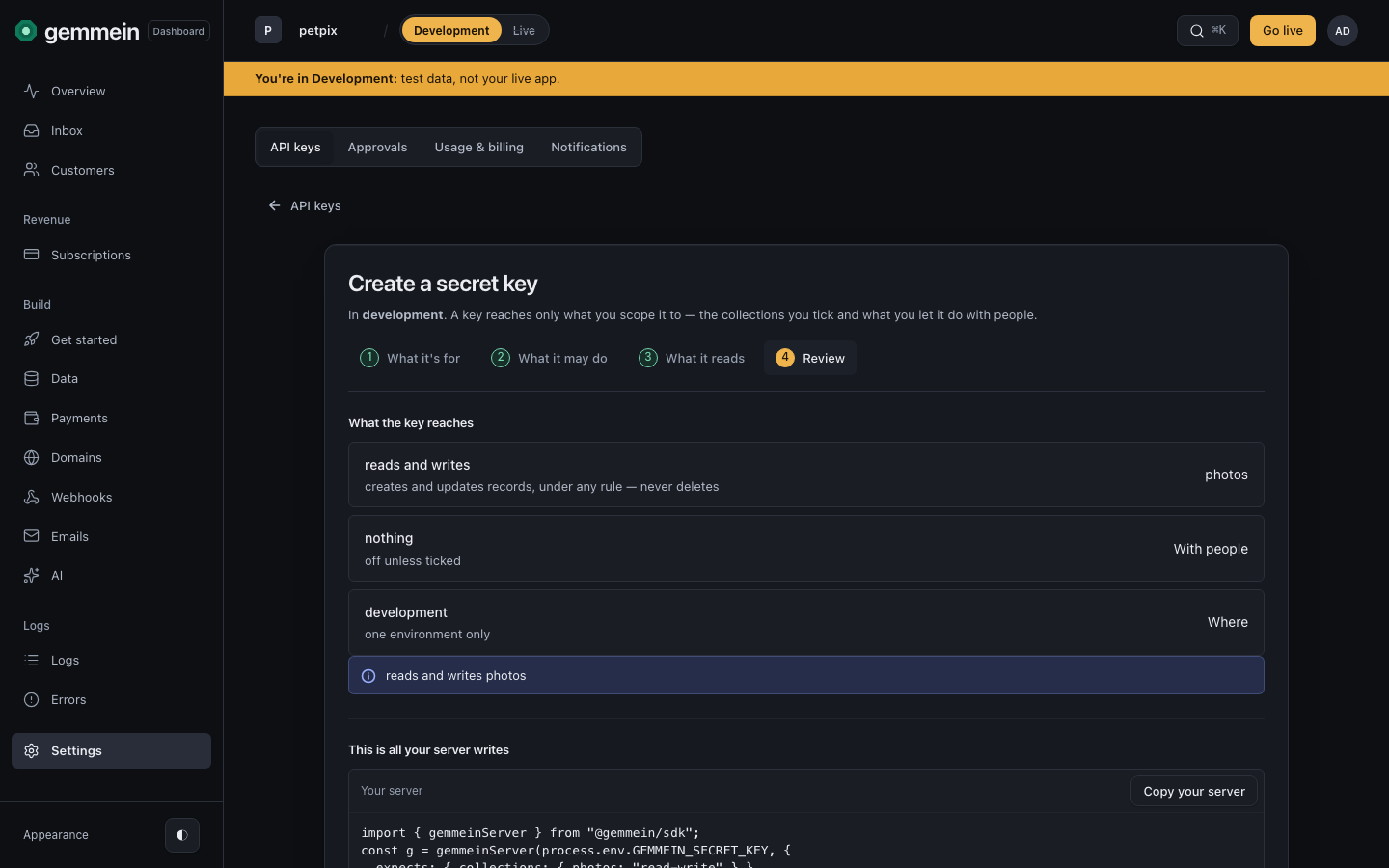 Review shows what the key will reach before it exists, with the two lines your server needs to use it.