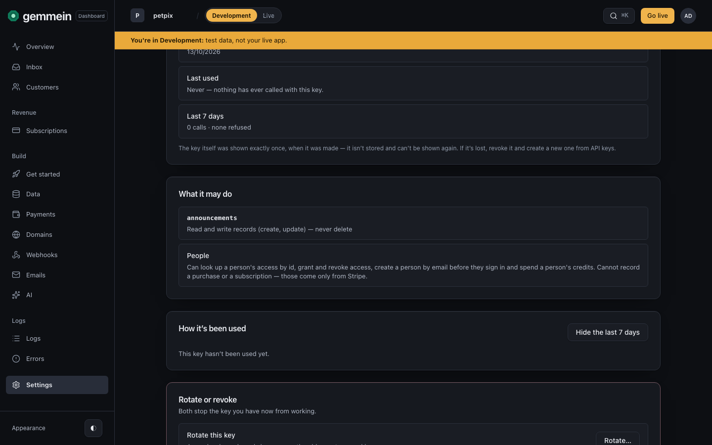 Choose Show the last 7 days to see every call made with the key in that time.