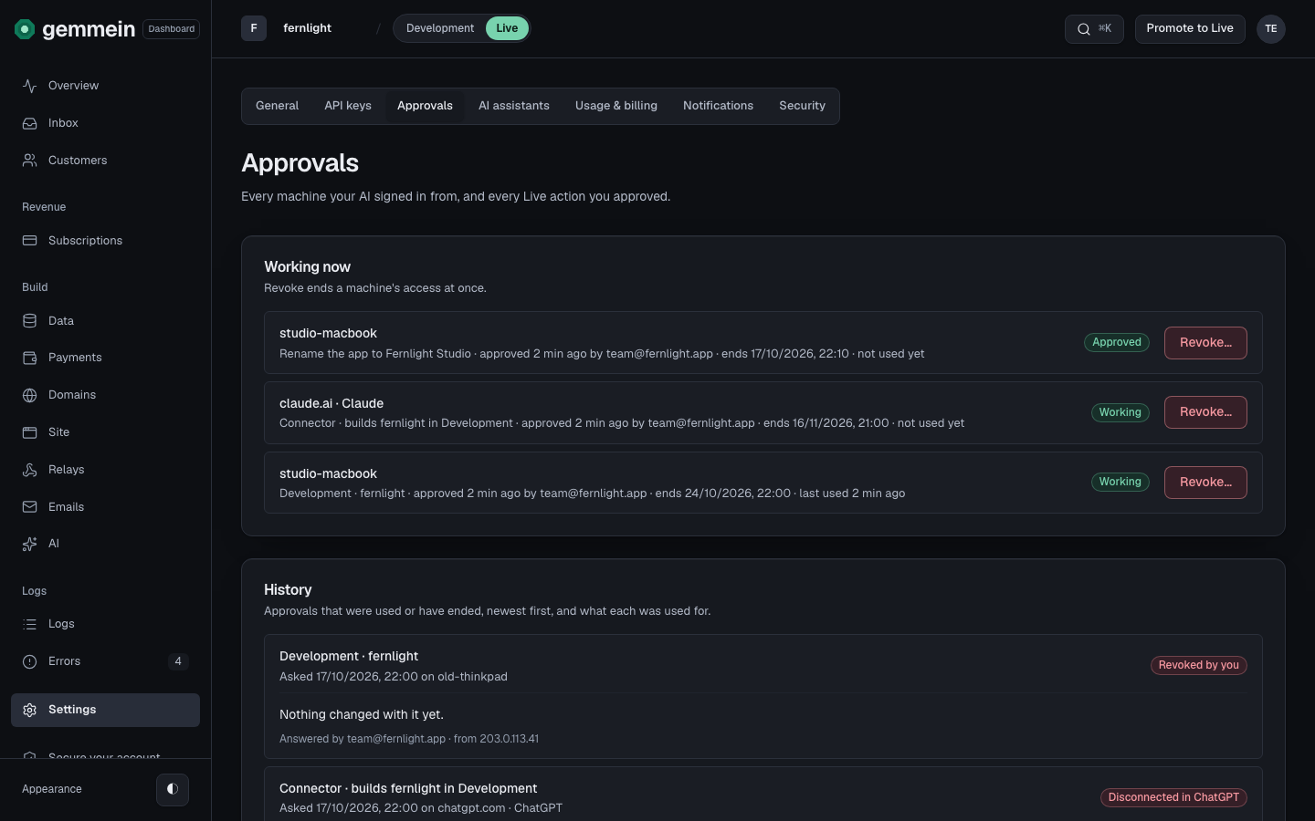 Open Settings, then Approvals. Working now lists each computer and AI app that can work on your app: when you approved it, when it ends and when it was last used.