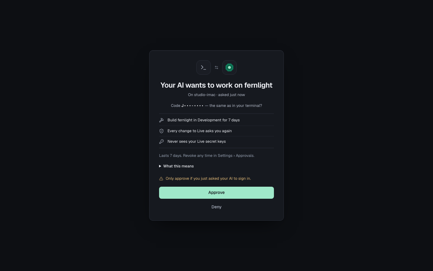 When your AI signs in from a new computer, Gemmein opens a page that says what it may do. Choose Approve, or Deny if you didn't ask for it.