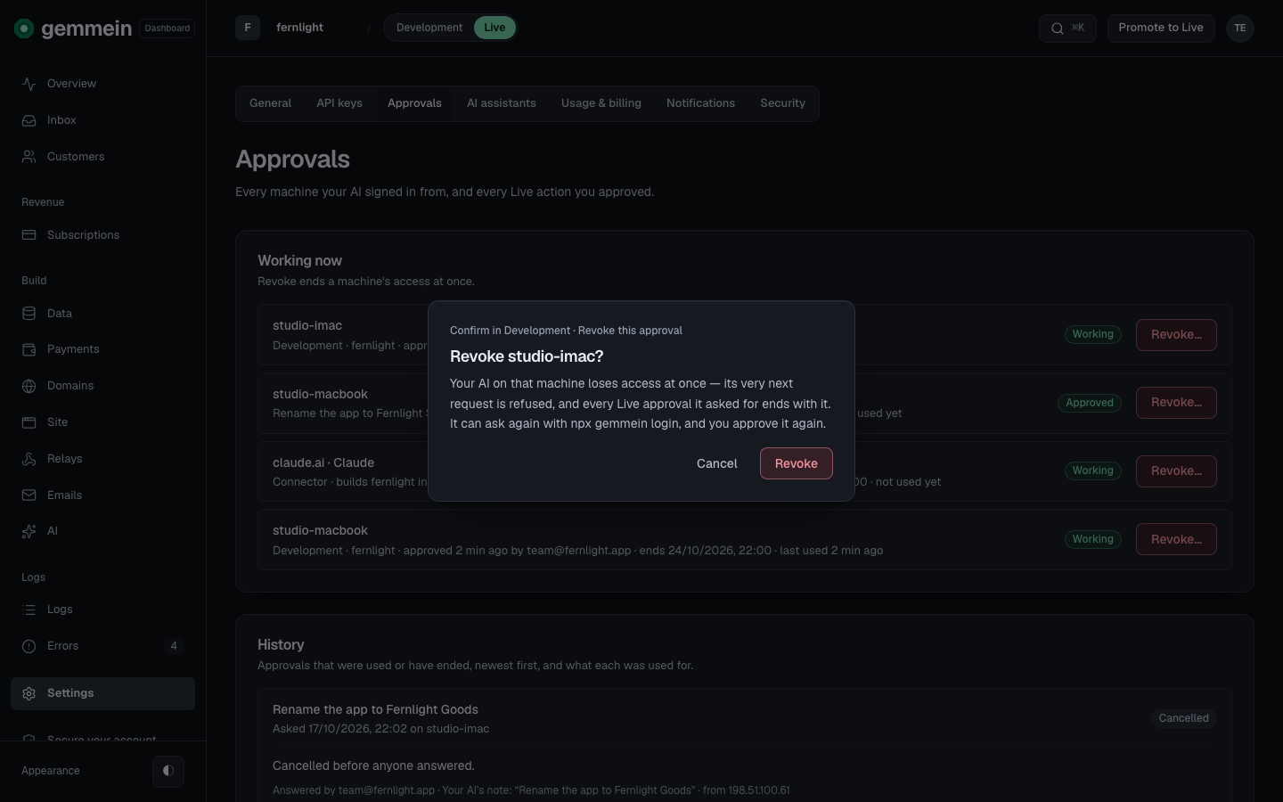 Choose Revoke… to end a computer's or AI app's access at once. Its next request is refused, and it can ask again only for you to approve it again.