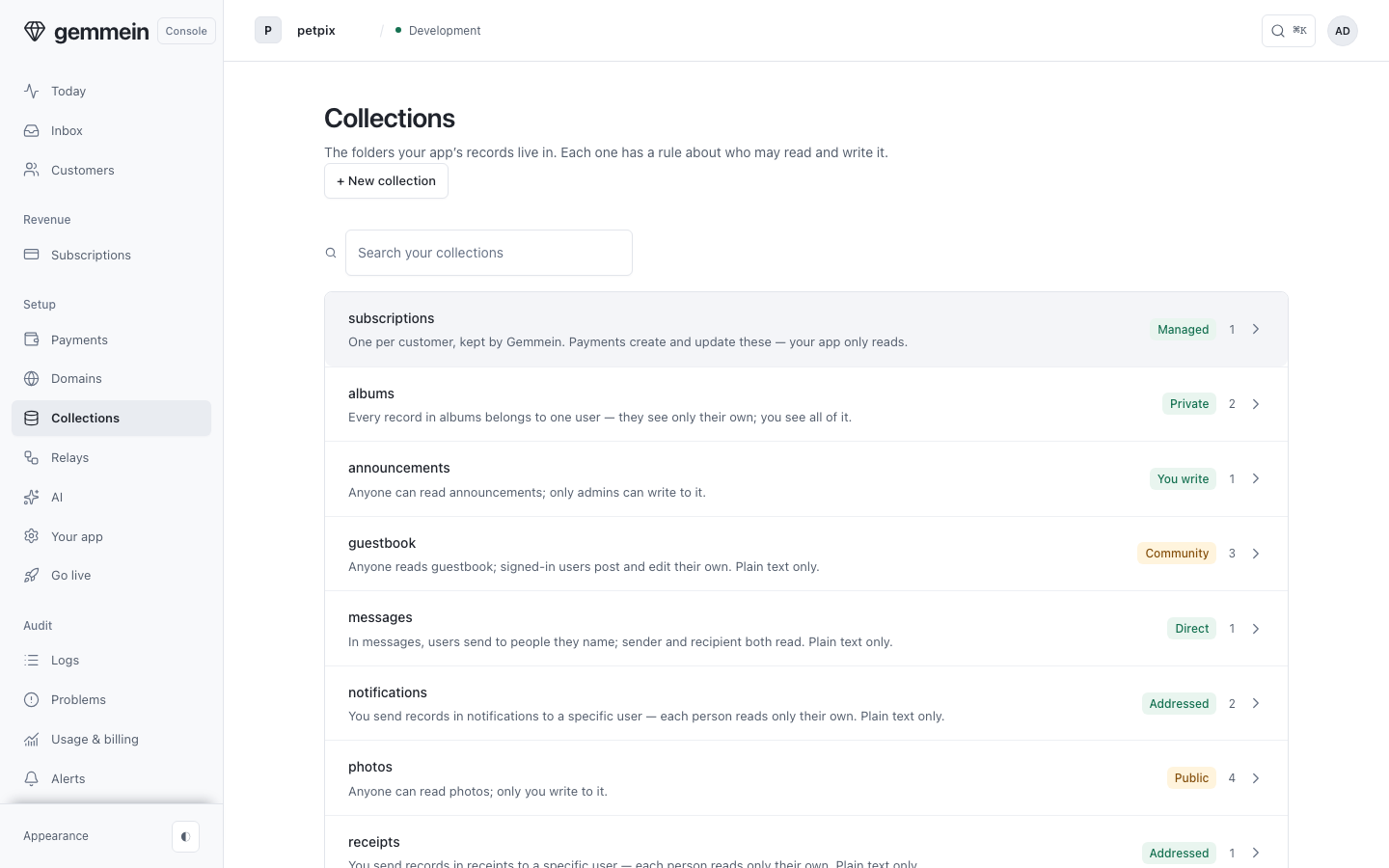 Open Collections to see the folders your app's records live in, and the rule each one follows.
