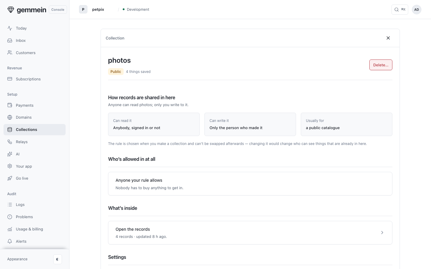 Open a collection to see how its records are shared, who may reach it, and what's inside.