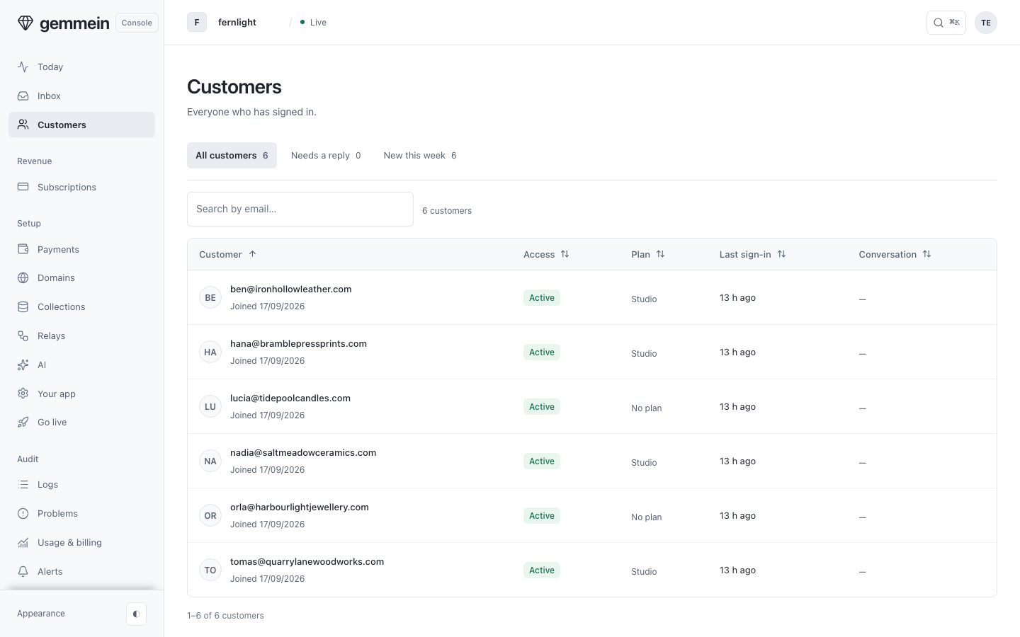 Open Customers to see everyone who has signed in to your app, newest first.