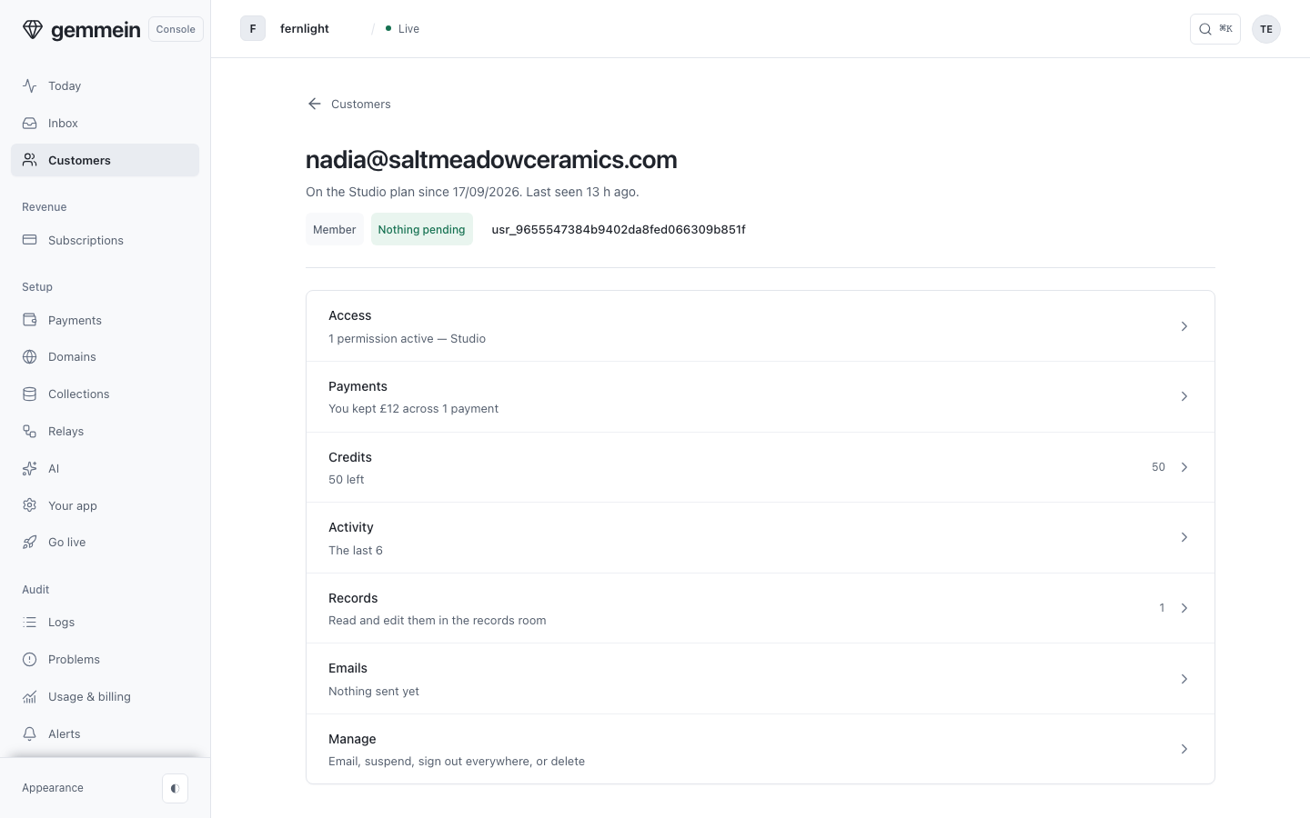 Open a customer to see their access, what they've paid, their credits and their activity, one row each.