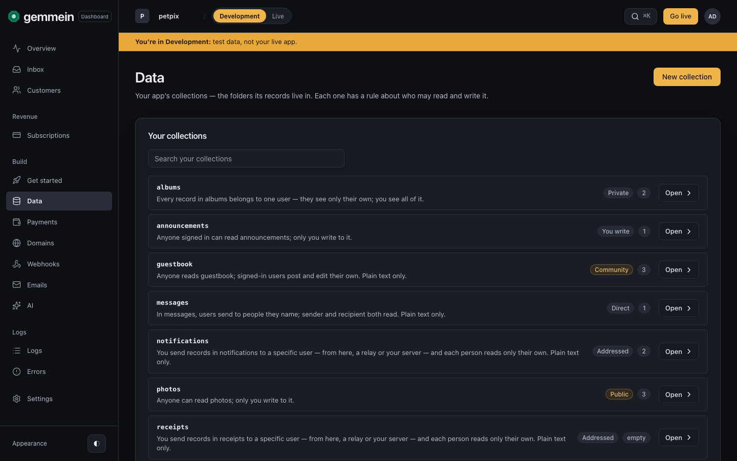 Open Data under Build to see each collection and its safety rule.