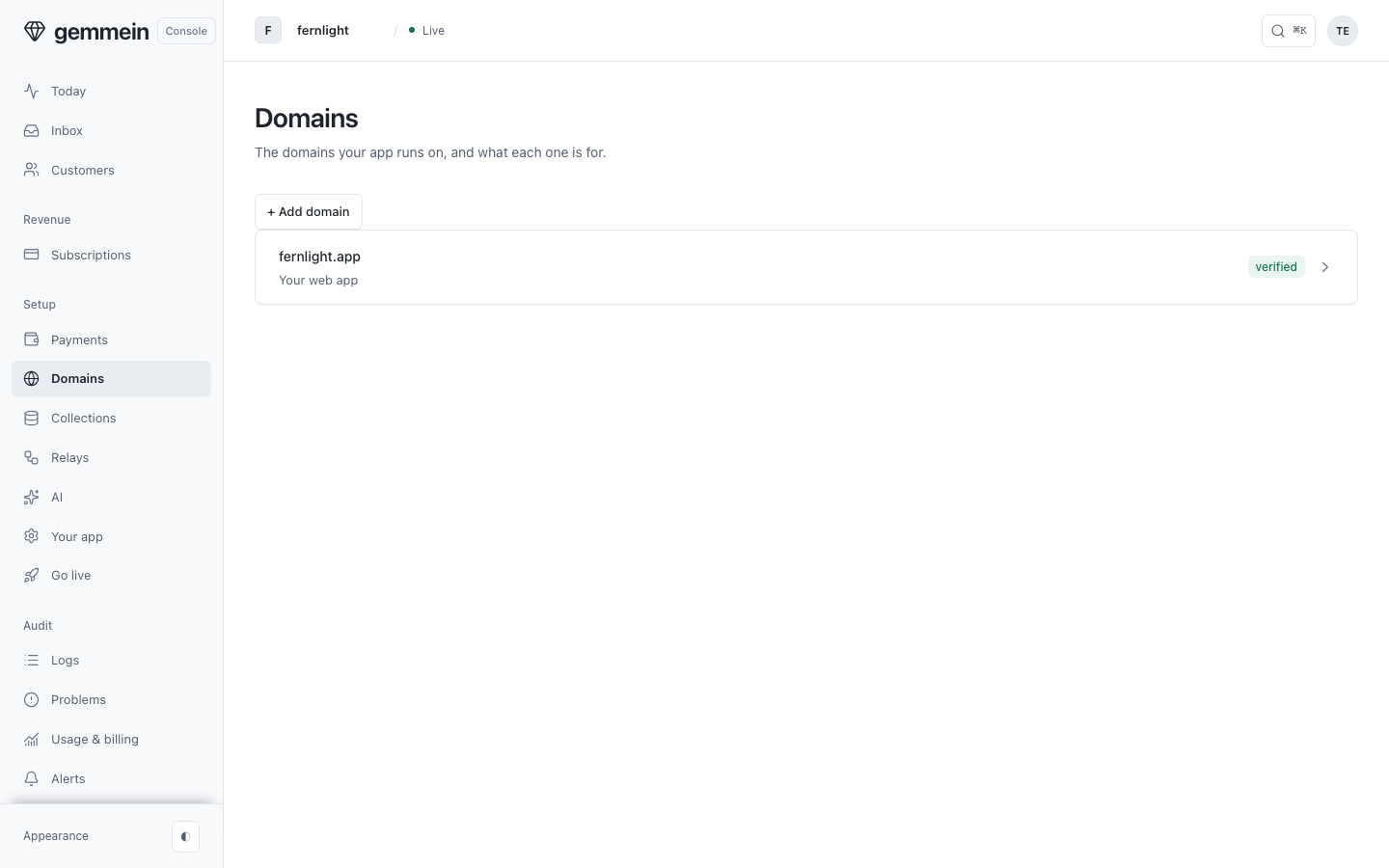 Open Domains to see the domains your app runs on, what each one is for, and where it stands.