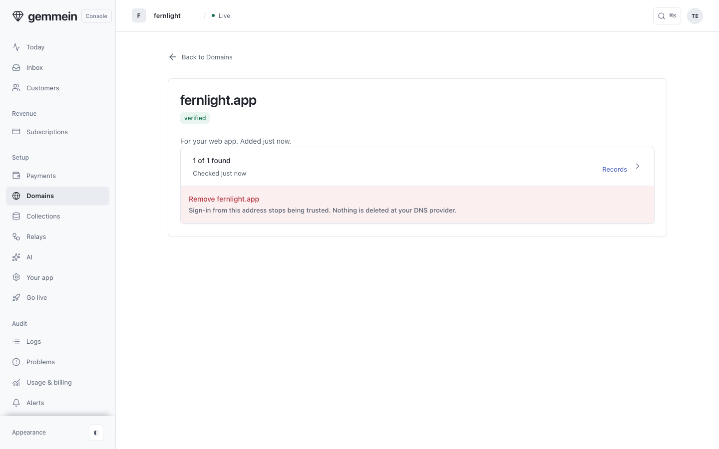 Open a domain to see whether it's proven yours, how many of its records were found, and what it's for.