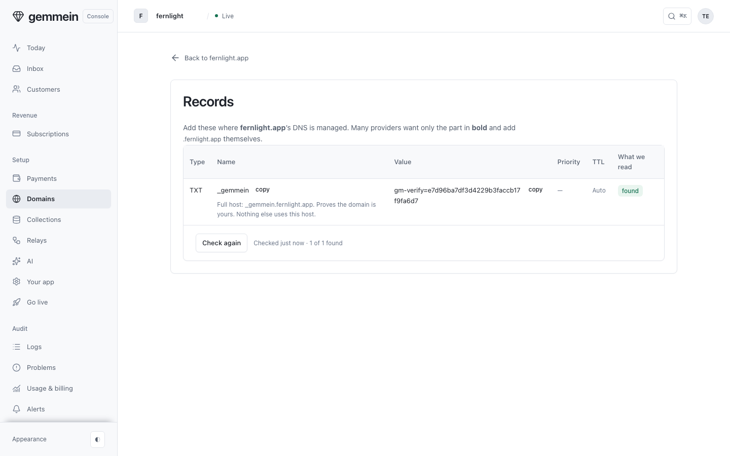 Open Records for every DNS record the domain needs, each with its name, its value to copy, and whether it was found.