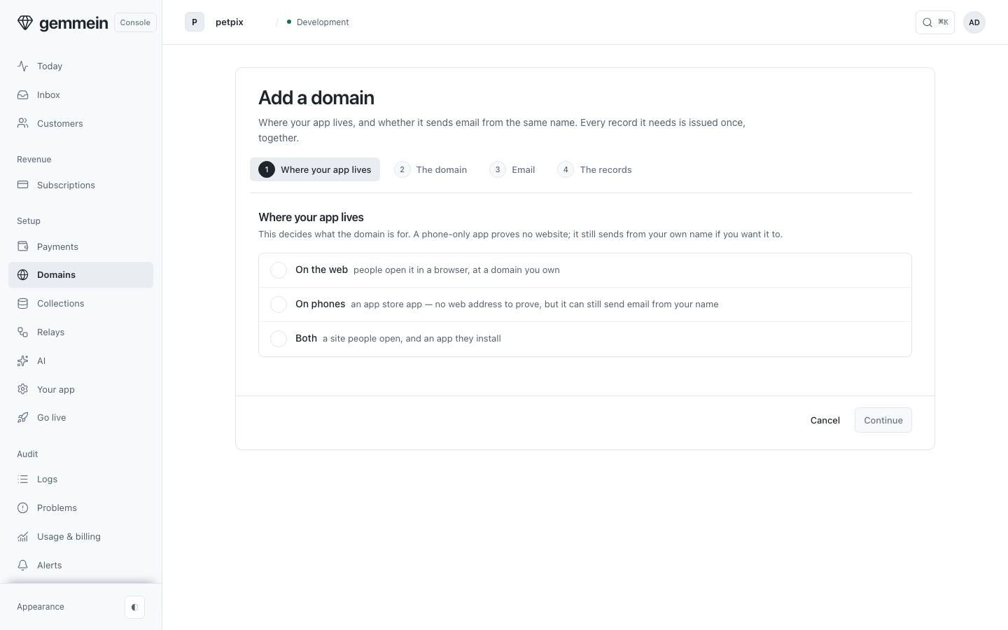 Choose + Add domain and say where your app lives — a phone-only app has no web address to prove, and can still send email from your name.