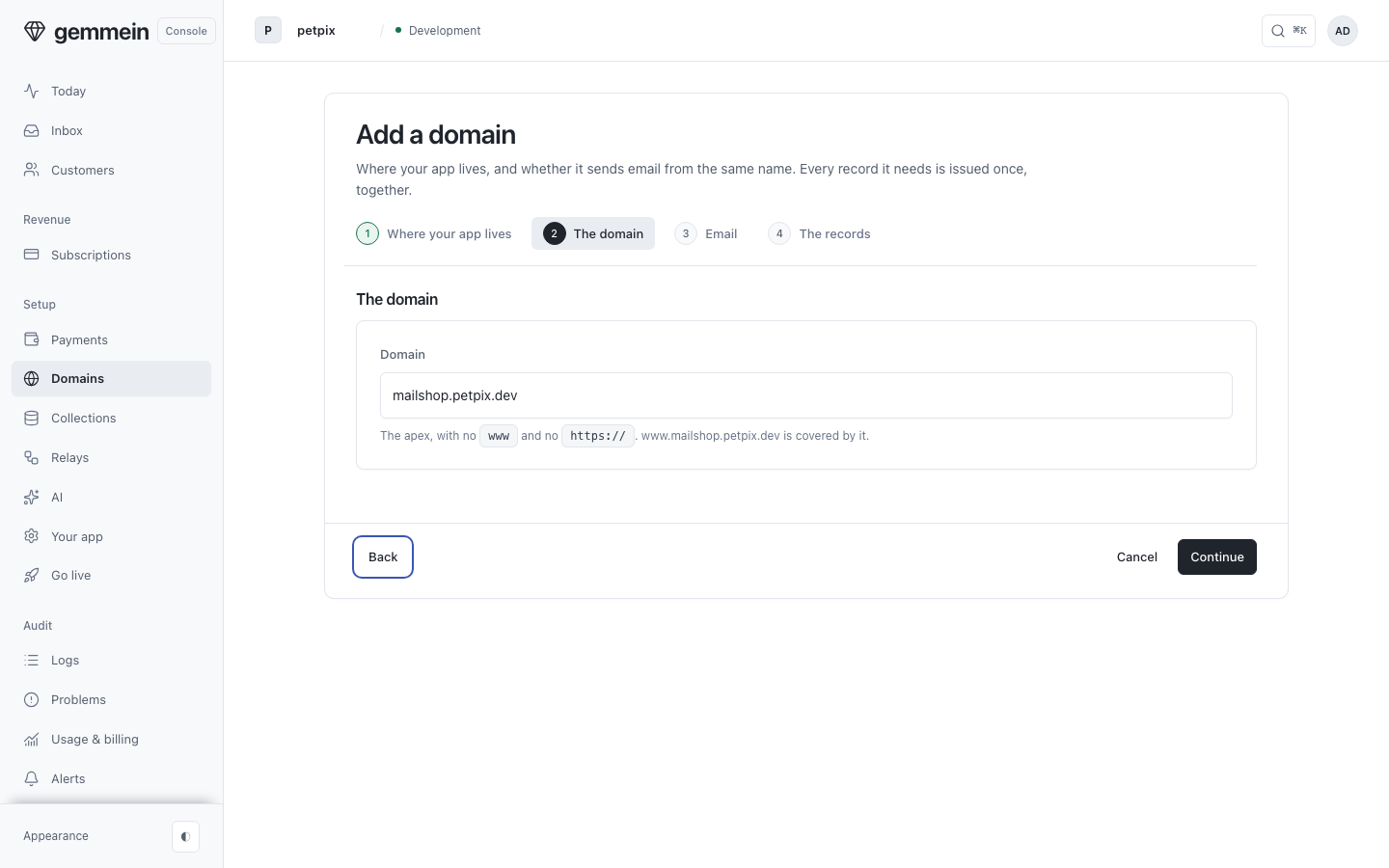 Type the domain without www: the apex covers the www form, and Gemmein reads its records while you carry on.