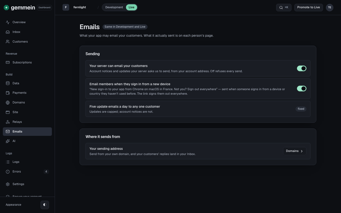 Open Emails under Build. Sending holds what your app may email, and Where it sends from leads to your own address.