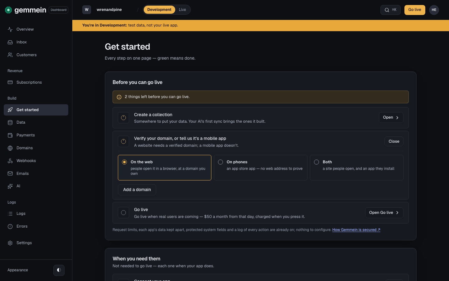 Each step opens in place under its own row. Verify your domain asks where your app lives: on the web, on phones or both. A phone-only app needs no domain; for a website, Add a domain opens Domains.