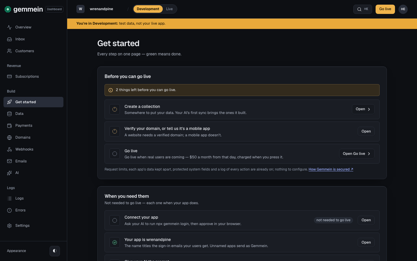 Open Give your AI the prompt and copy it into Claude, Cursor or Codex. It points your coding agent to the SDK instructions and tells it to sign in with npx gemmein login.
