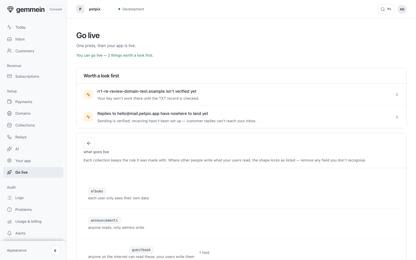 Open What goes live to see every collection that goes live with your app, and the rule each one keeps.
