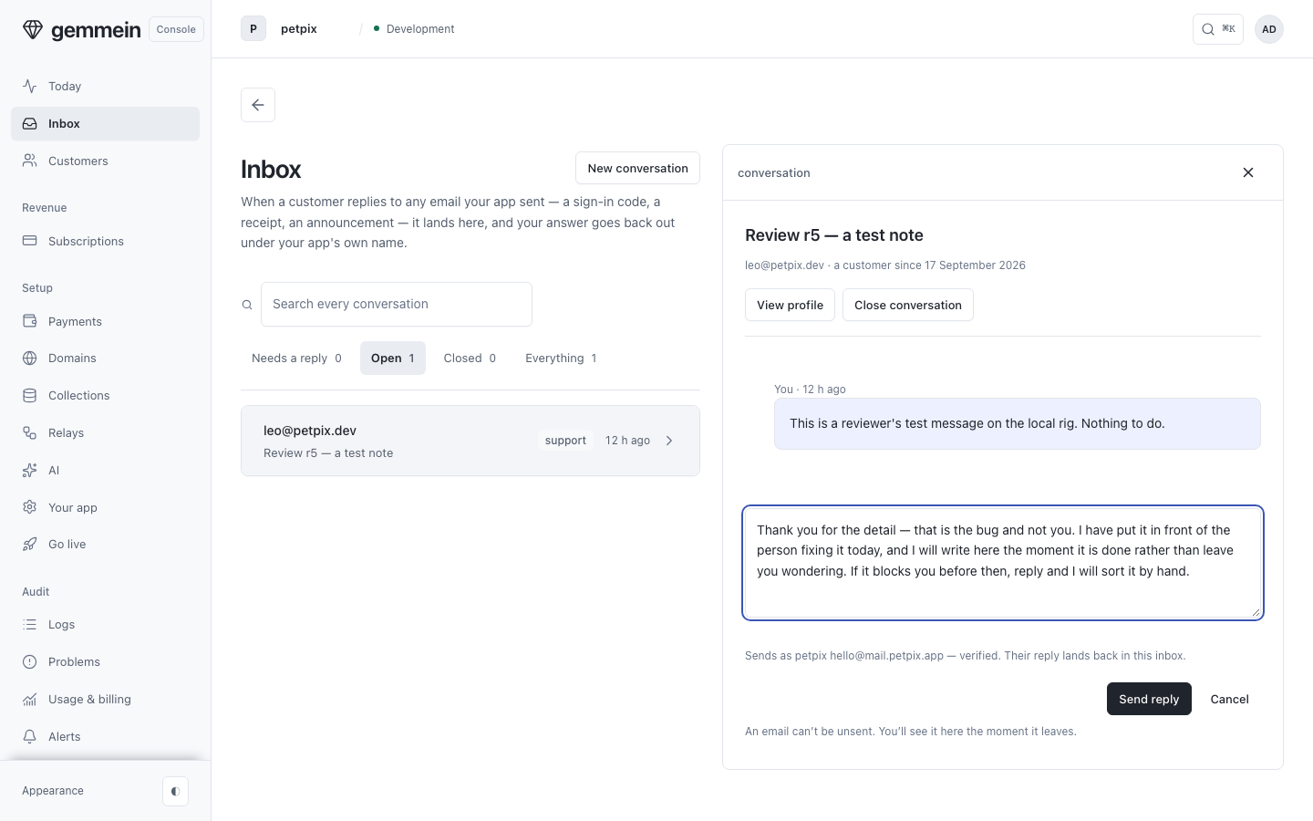Choose Reply to open the box: it goes out from your own sender, and the line under it says which address it leaves from.