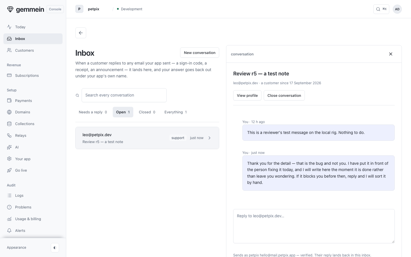 Choose Send reply and it joins the thread — an email can't be unsent, so the room says so before you press it.
