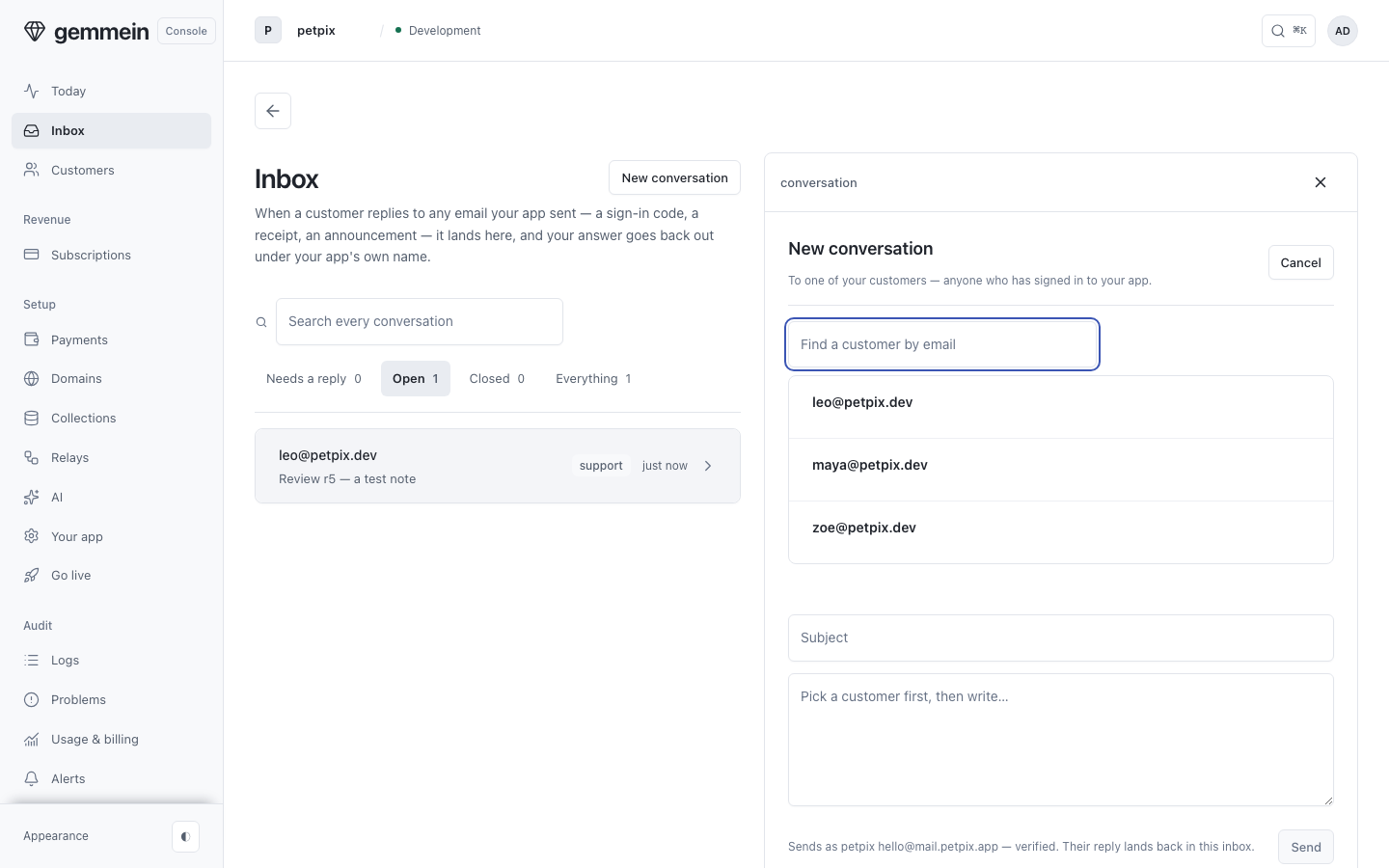 Choose New conversation to write first — to anyone who has signed in to your app, picked by name rather than typed.