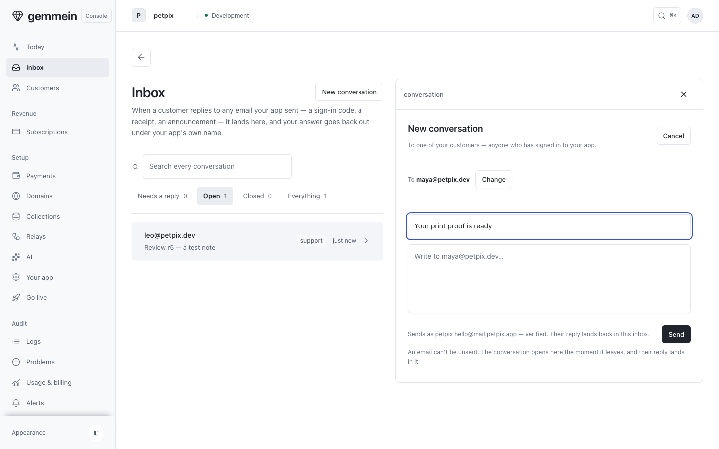 Pick who it's to, then write a subject and a message — Send waits until both are there, because an email can't be unsent.