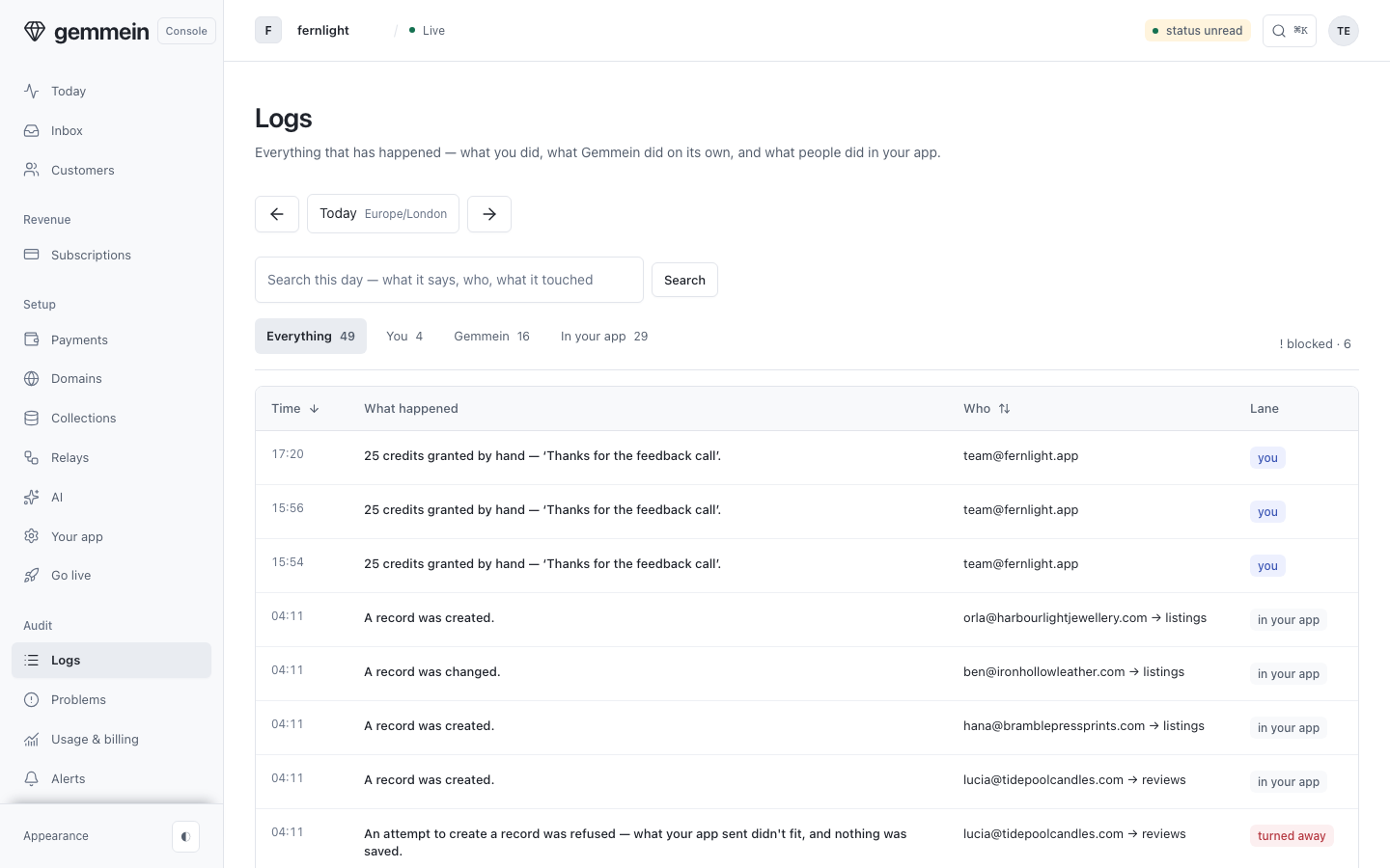 Open Logs to see everything that happened today, newest first: what you did, what Gemmein did on its own, and what people did in your app.