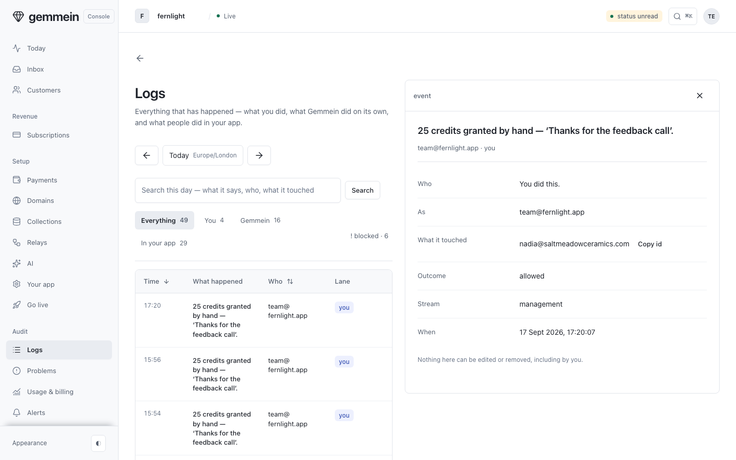 Open an event for its full account: who did it, what it touched, and when.