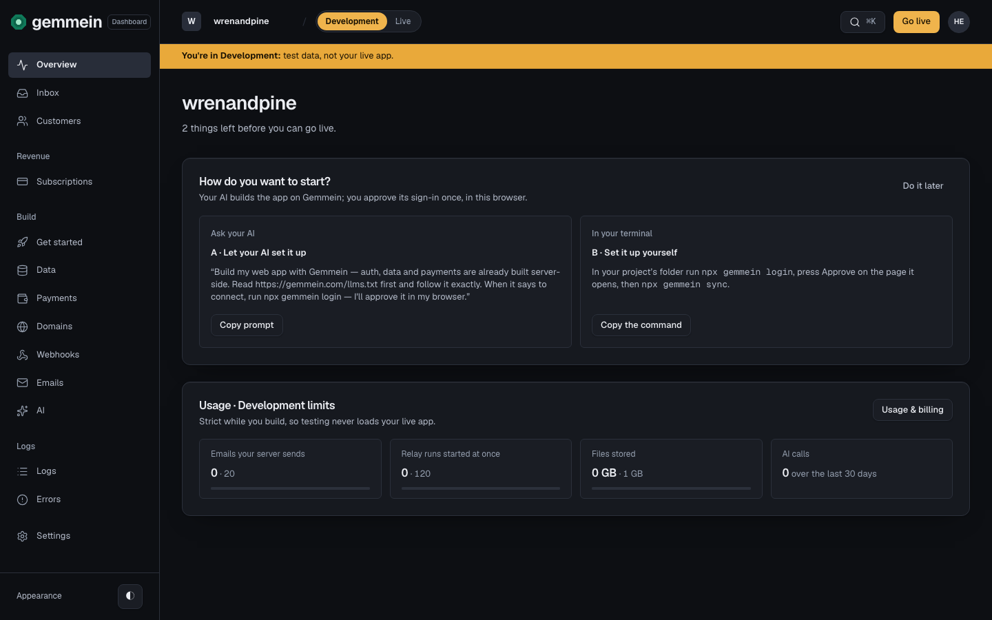 Open Overview before your app is live to see how many steps are left before you can go live, and the next one to do.