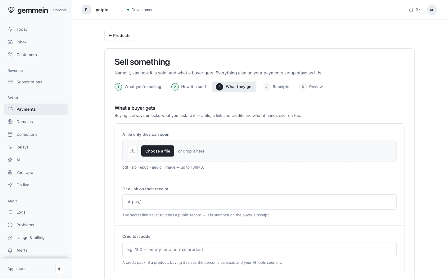 Choose Add a product to add one in five questions — what it is, how it is sold, and what the buyer gets.