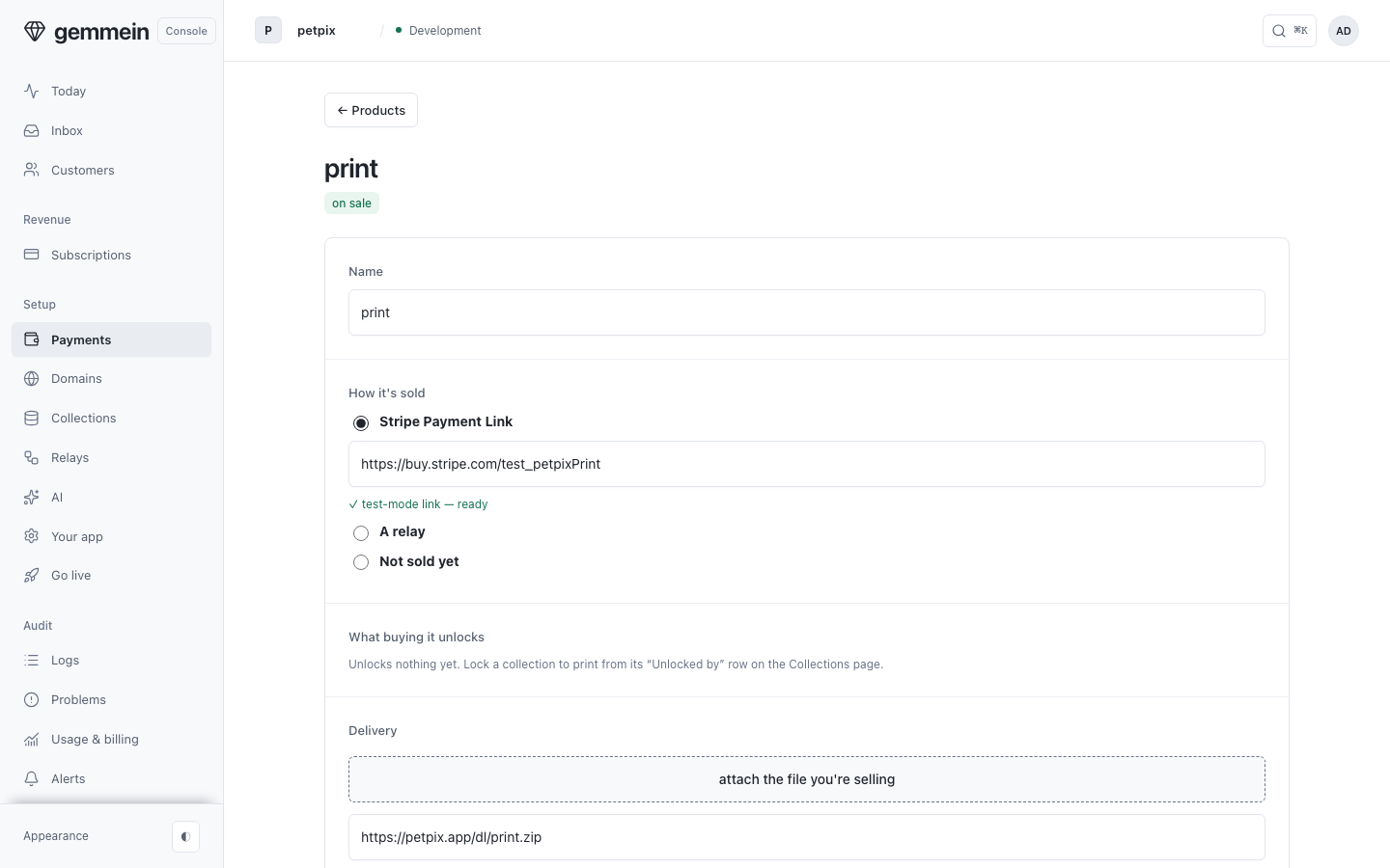Open a product you already sell to change how it's sold and what the buyer receives: a file, a link, or credits.