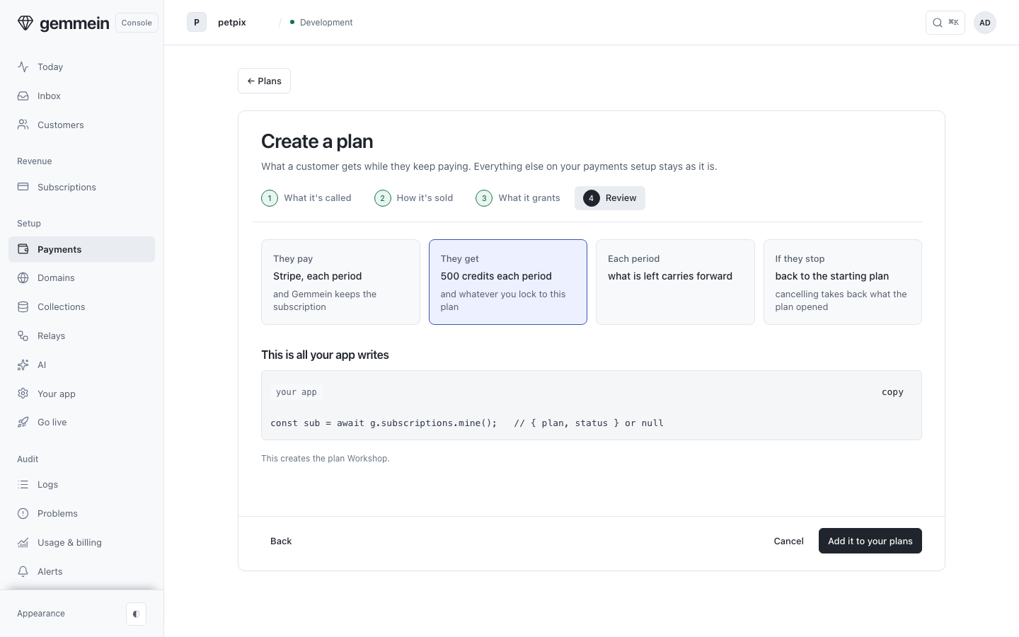 Review says what a customer pays for, what they get, and what happens if they stop — before the plan exists.