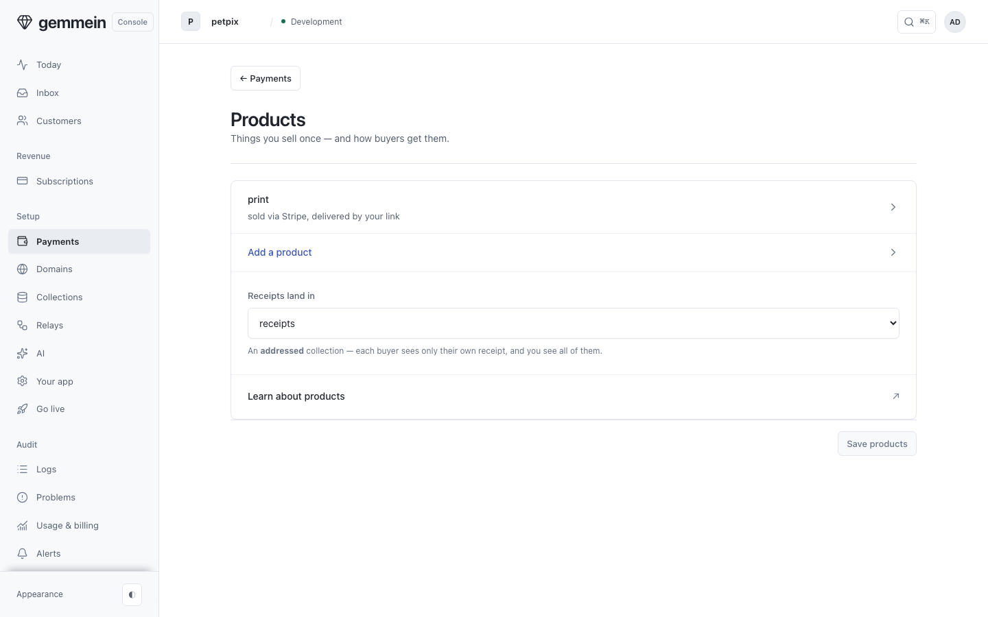 Open Products to see the one-off things customers can buy, like a pack of credits.