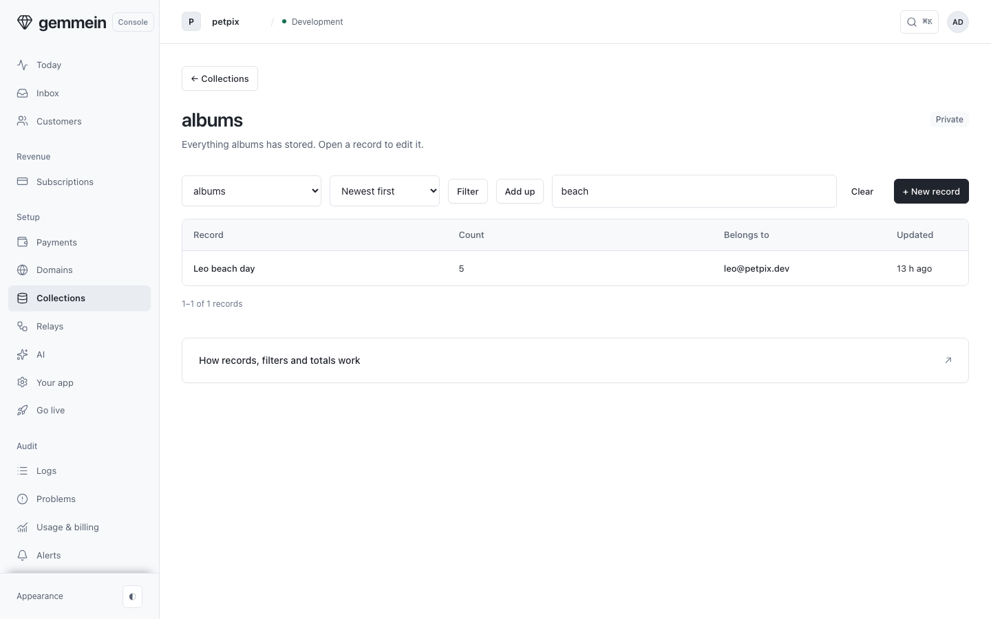 Type in Search and press return: the engine looks at every record in the collection, and the address carries the search so you can send the view to someone.