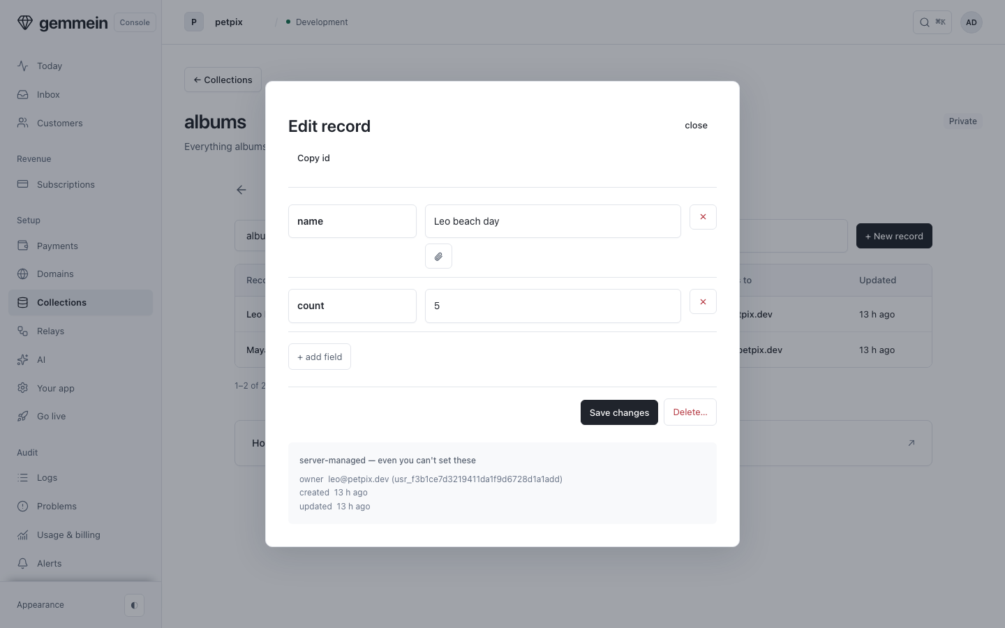 Open a record to change its fields by hand, or delete it.