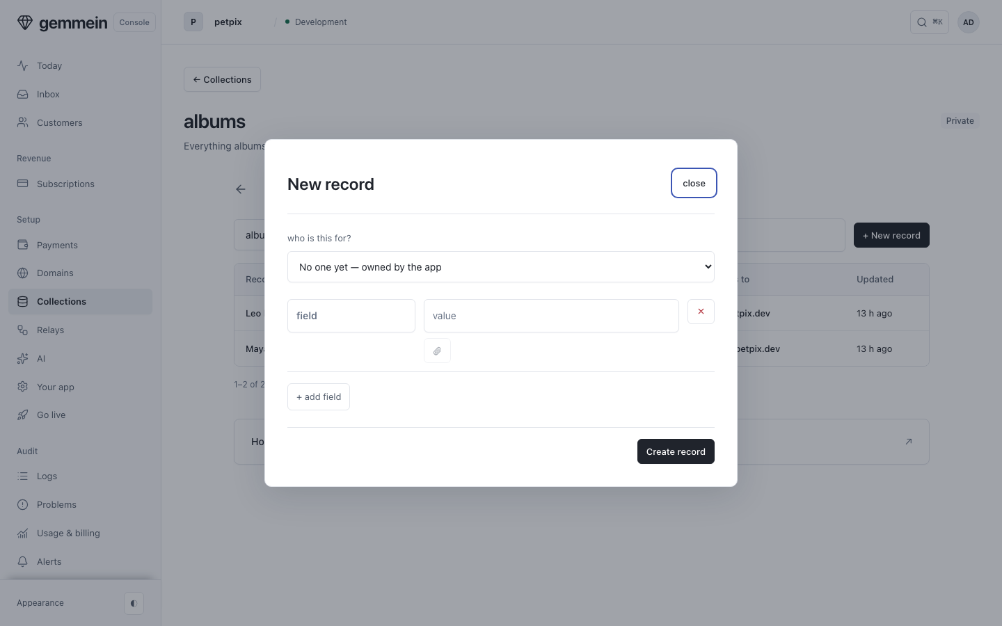 Choose New record to add one yourself, a field and a value at a time.