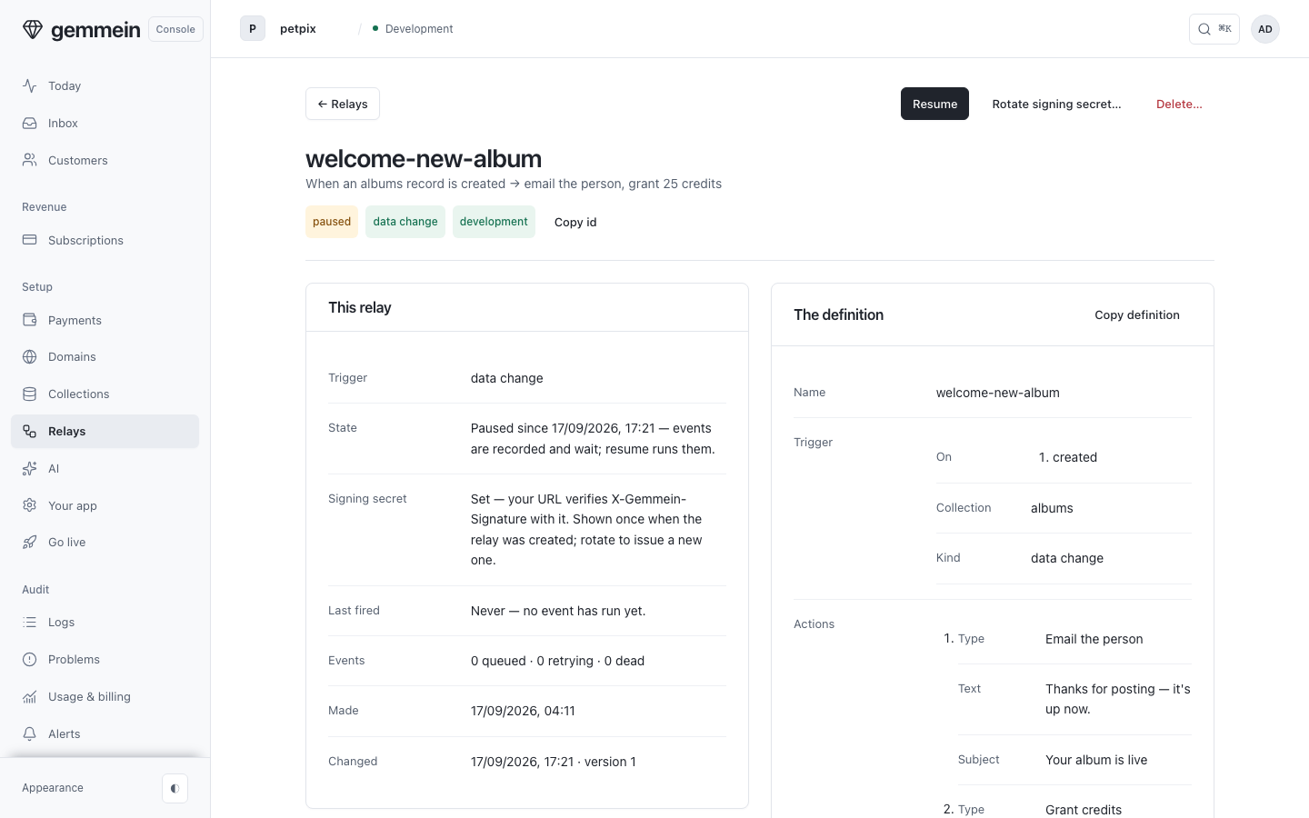Choose Pause to hold it: its events are still recorded, and they wait until you resume.