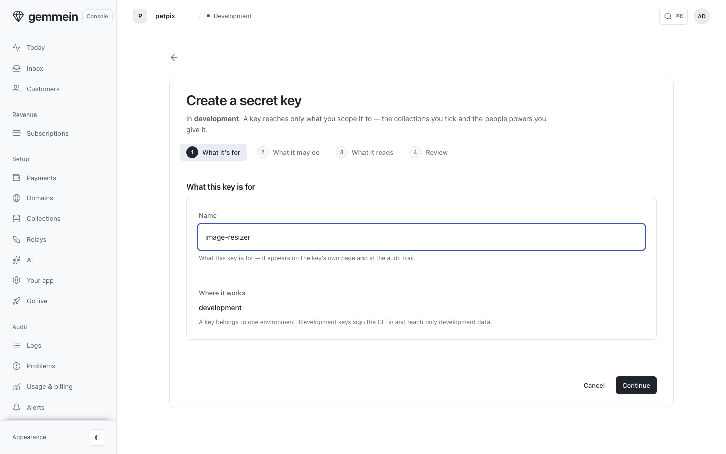 Choose New server key and name it for the job it does — the name is what you will recognise in the audit trail.