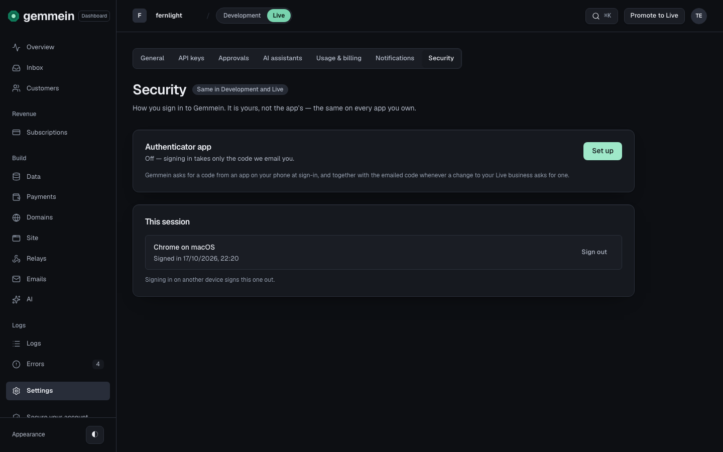 Open Settings, then Security. Authenticator app says whether signing in asks for a second code, and This session shows the browser you're signed in on.