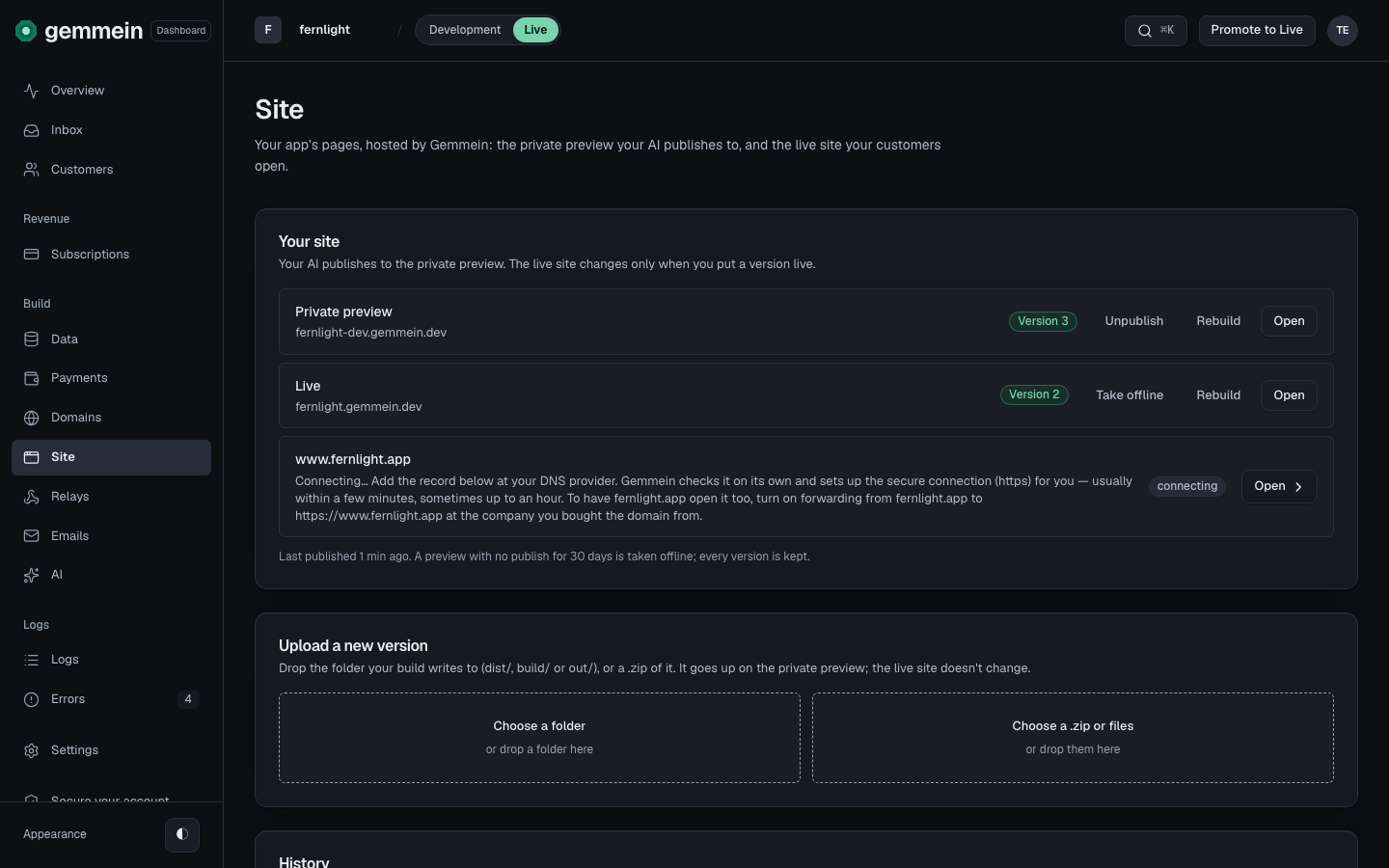 Open Site under Build. The private preview and the live site each show the version they serve, with Open beside each to see it.