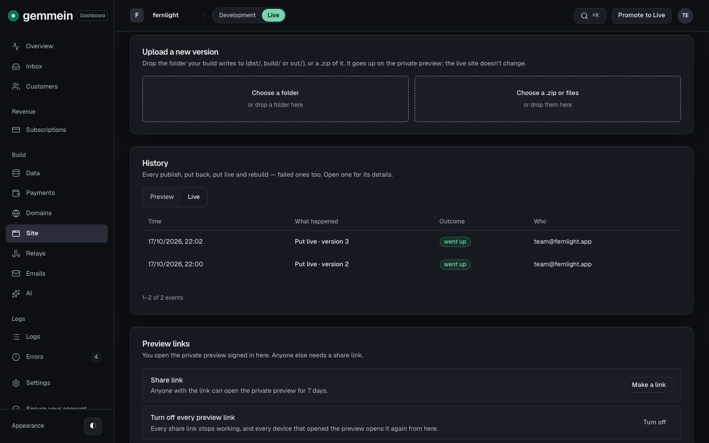 Choose Live above the history to see every version put live, newest first.