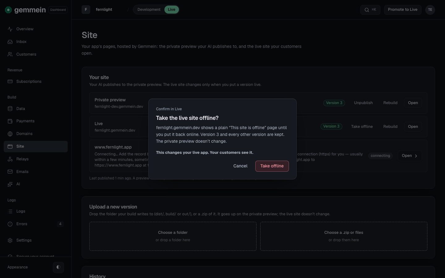 Choose Take offline to show a plain “This site is offline” page instead of your site. Every version is kept, and the private preview doesn't change.