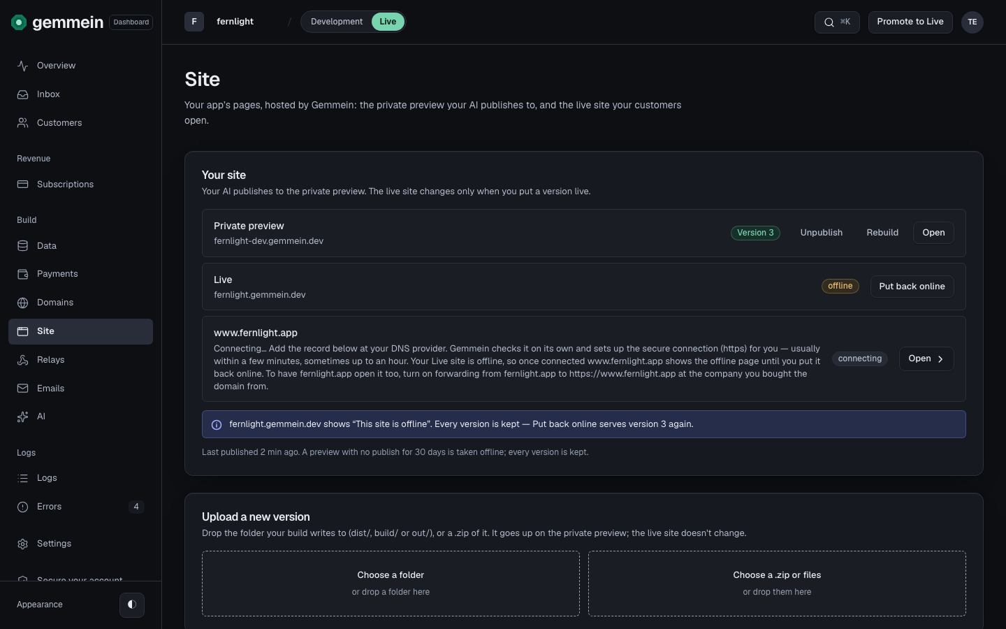 While it's offline, Live says so, and your own addresses show the offline page too.