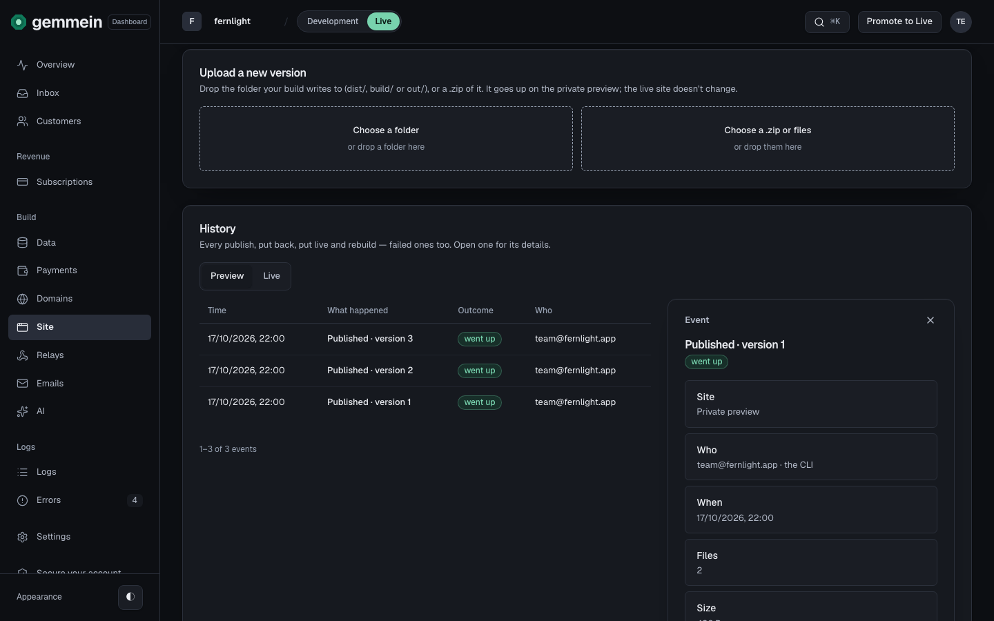 History lists every publish, newest first. Open one to see who published it, when, and how many files it held, with Put on preview, Put live and Download.